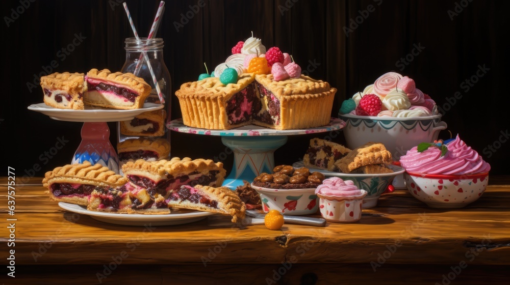 A table topped with lots of cakes and cupcakes A table topped with lots of cakes and cupcakes
