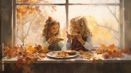 A painting of two children eating food at a window sill