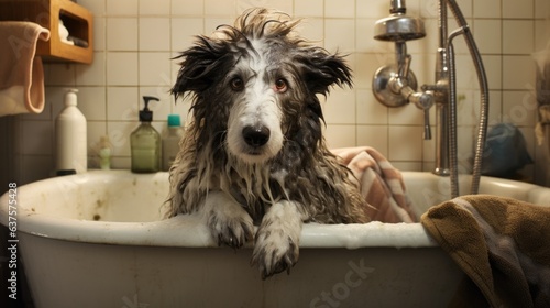 A wet dog sitting in a bathtub