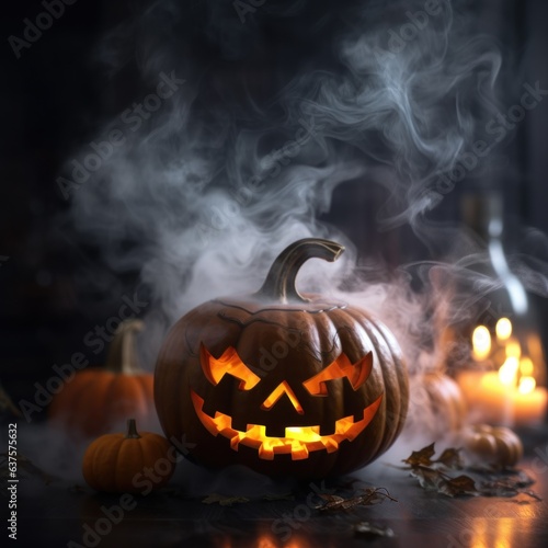 Halloween pumpkin, burning candles and smoke.  photo