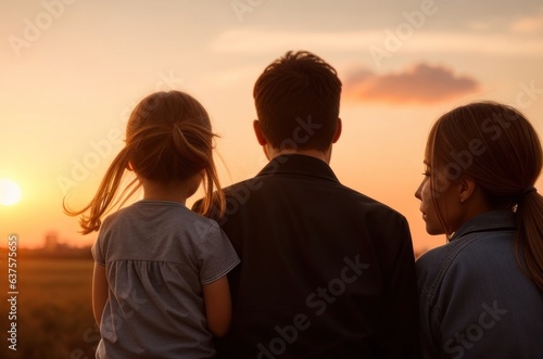 Illustration The back of a warm family sitting together watching the sunset on the meadow.Generative AI