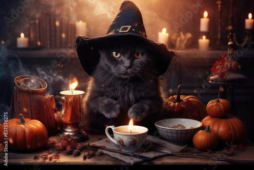Fotografia Halloween cat in witchy hat doing some magic, pumpkins and burning candles