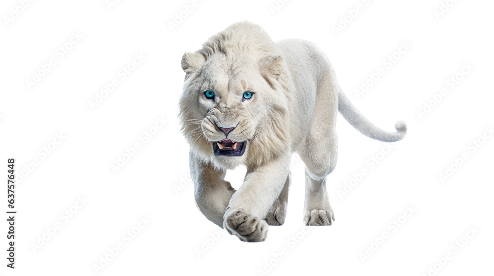 Obraz premium a White Lion in-motion, front view, in an isolated and transparent PNG in an Endangered Wildlife-themed, photorealistic illustration. Generative ai