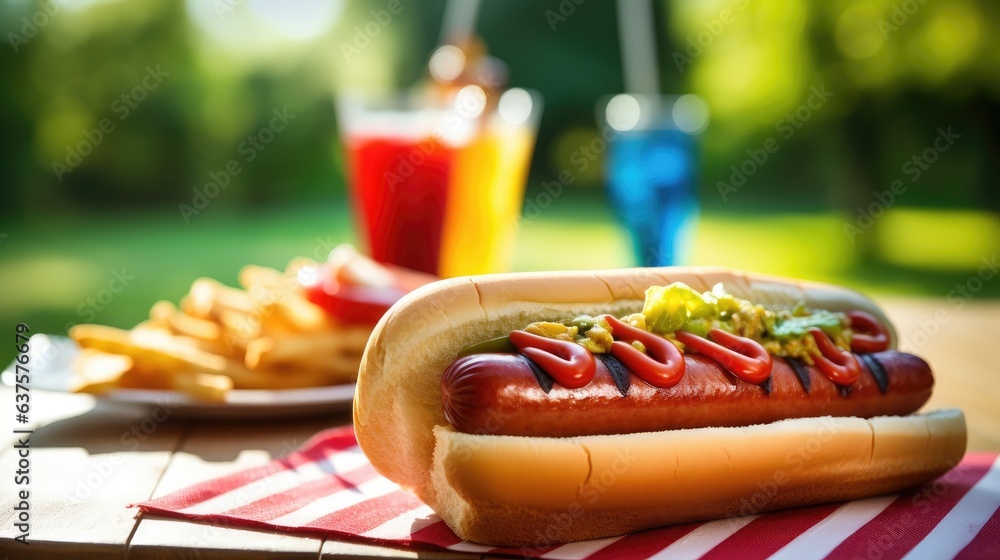 A hot dog with mustard and ketchup on a bun. Generative AI. - obrazy, fototapety, plakaty 