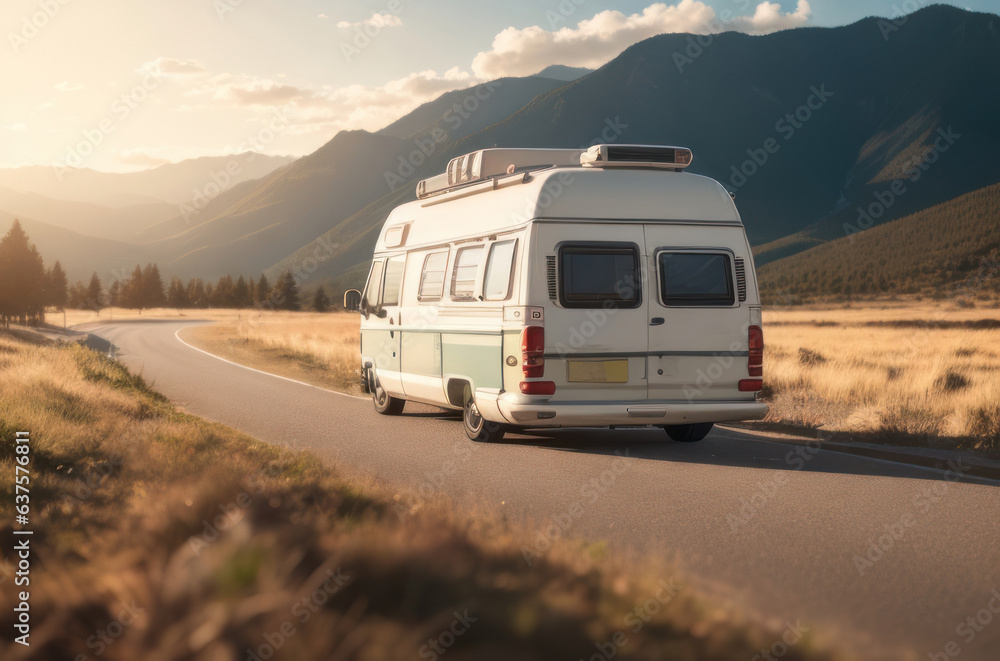 Illustration of a white camper van on a road with beautiful mountain backdrops.generative AI Illustration of a white camper van on a road with beautiful mountain backdrops.generative AI