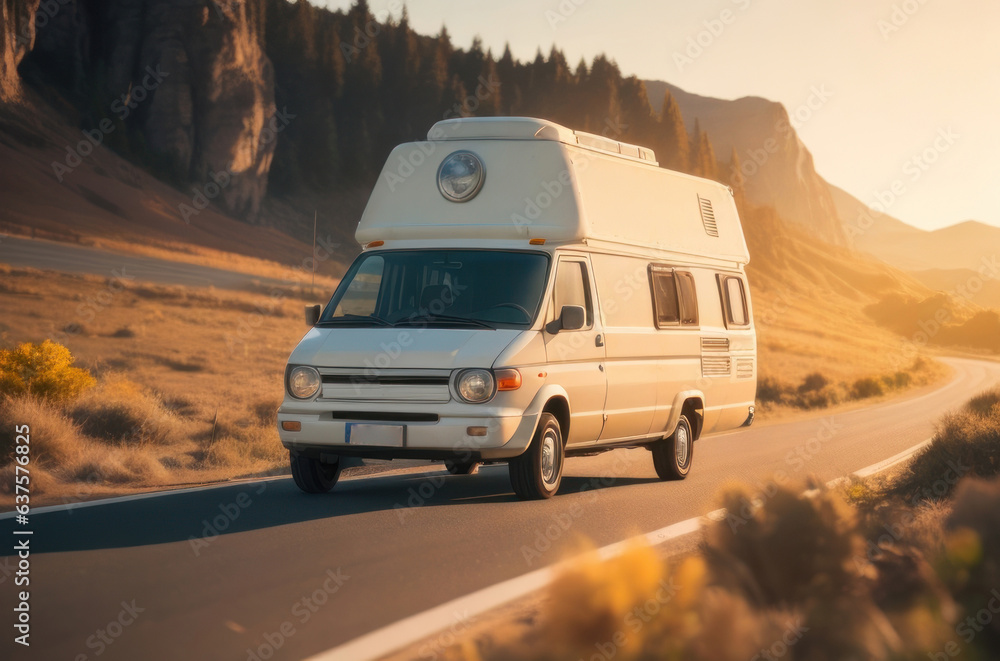 Illustration of a white camper van on a road with beautiful mountain backdrops.generative AI