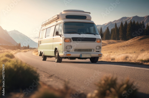 Illustration of a white camper van on a road with beautiful mountain backdrops.generative AI © 2D_Jungle