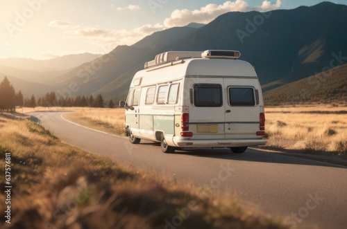 Illustration of a white camper van on a road with beautiful mountain backdrops.generative AI