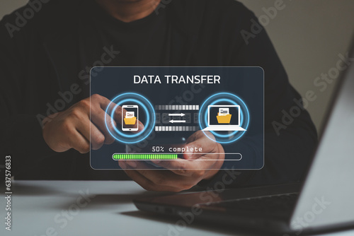 Transfer file concept. data transfer between Smartphone and Laptop. Data transfer file between folder, Backup data, Exchange of file. Virtual document loading to another folder. Streaming download.
