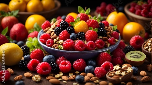 Selection of healthy food. Various fruits  berries  nuts and seeds