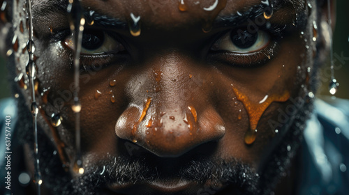 An extreme close up photo of a professional athlete with intense focus in his eyes and sweat pouring down his face. 