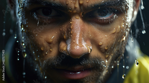 An extreme close up photo of a professional athlete with intense focus in his eyes and sweat pouring down his face. Generative AI