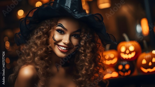 Beautiful woman in a witch costume on Halloween. Portrait of a beautiful smiling girl in a witch halloween costume.