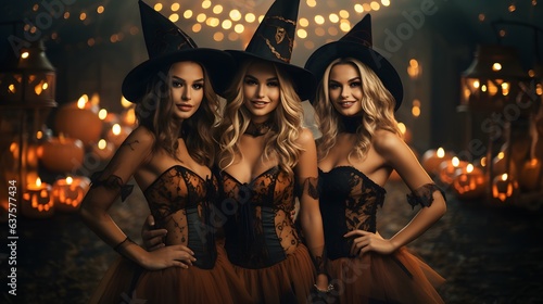 Three beautiful young women in Halloween costumes posing in a dark room. Halloween background. Halloween Party.