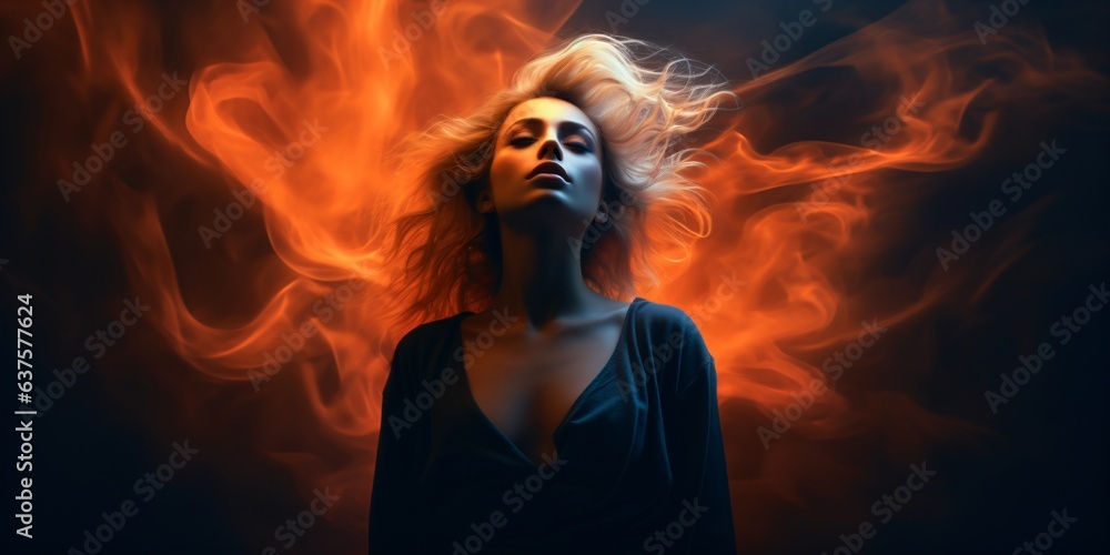 portrait of a blonde hauntingly and ghostly woman with flames and smoke around