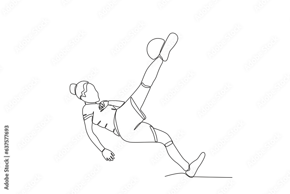 A woman kicked the ball excitedly. Women's world cup one-line drawing A woman kicked the ball excitedly. Women's world cup one-line drawing
