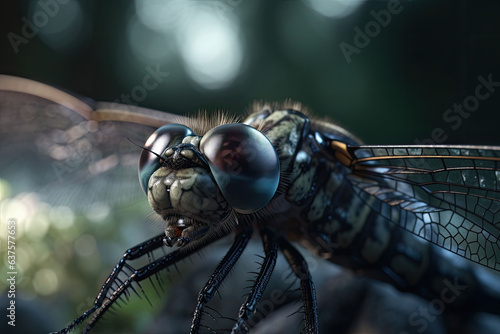 A macro shot of a dragonfly with delicate transparent wings on a blurred background. Generative AI