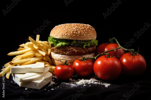 A hamburger with lettuce  tomato  cheese and french fries. Generative AI.