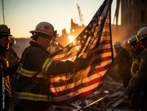 Solemn firefighters raising the American flag at Ground Zero, captured during golden hour