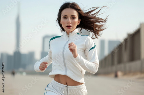 Illustration of a young woman in fitness clothes jogging in the morning.Generative AI © 2D_Jungle