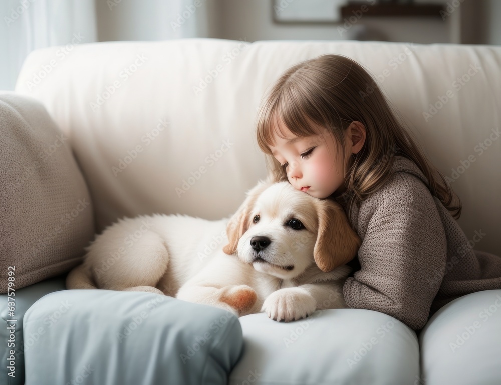 Illustration A girl and a puppy playing on the sofa inside the house.Generative AI Illustration A girl and a puppy playing on the sofa inside the house.Generative AI