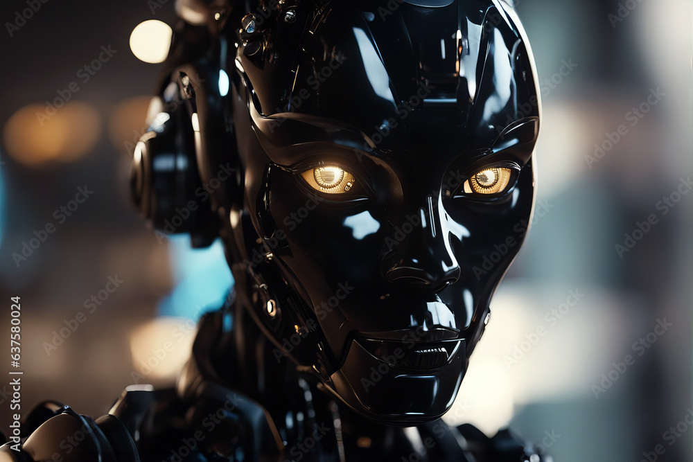 Dangerous AI - Black Female Android Robot with Evil Shiny Yellow Eyes, created with Generative AI technology Dangerous AI - Black Female Android Robot with Evil Shiny Yellow Eyes, created with Generative AI technology