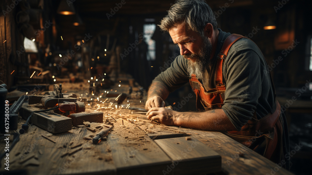 male carpenter working on retro wood in a retro workshop male carpenter working on retro wood in a retro workshop