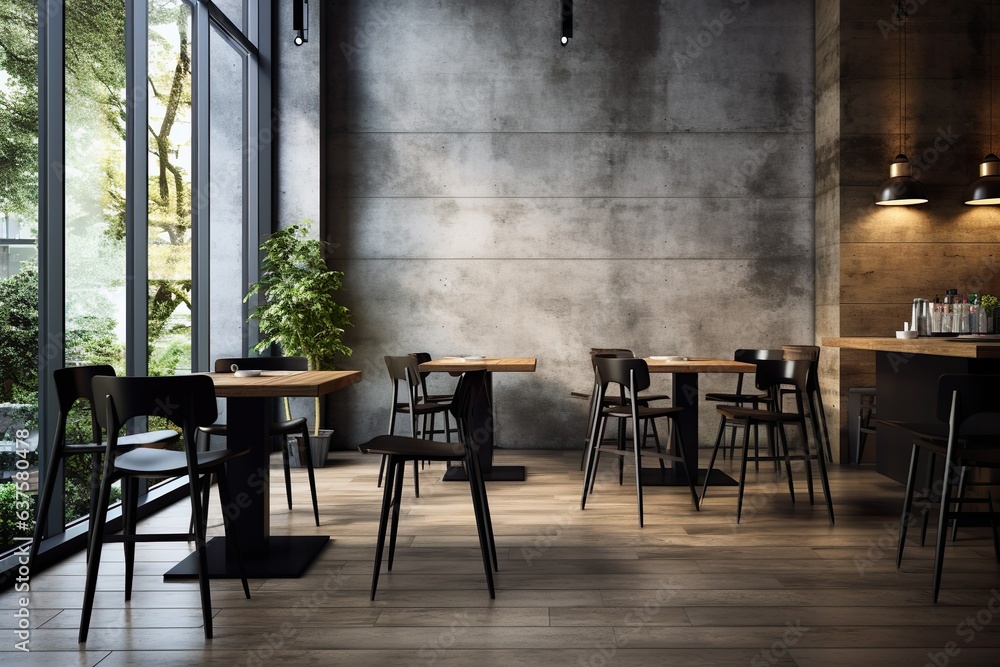 Modern interior in cafe with bar and chairs with concrete walls and wooden floor indoors | Generative AI Modern interior in cafe with bar and chairs with concrete walls and wooden floor indoors | Generative AI