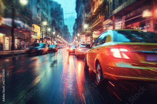 blurred urban traffic in an old city with colorful lights