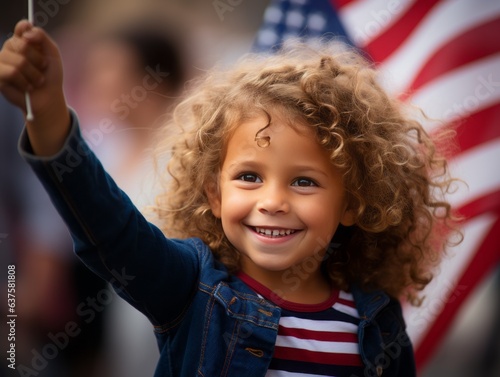 A child's first experience with patriotism waving a tiny flag with joy