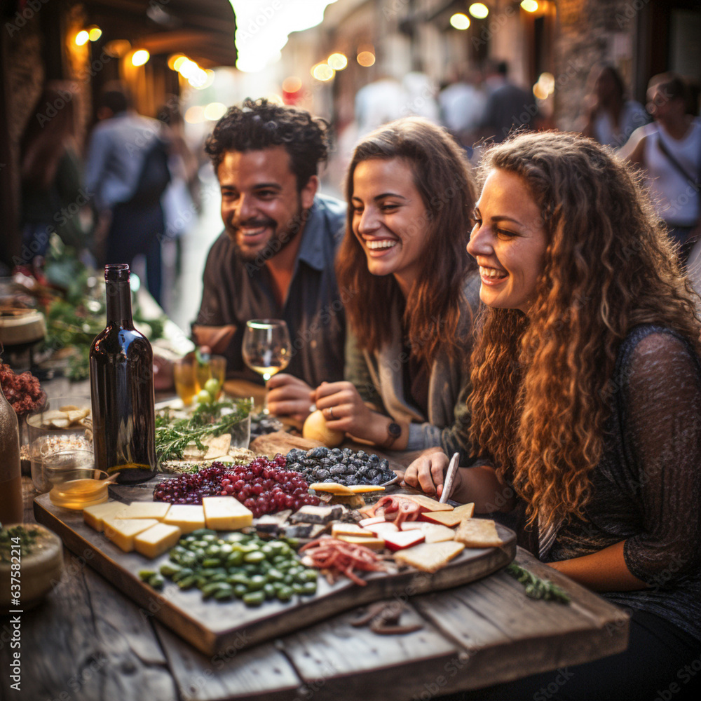 Young people eat a rustic meal in a historic old town in Tuscany, ai generated