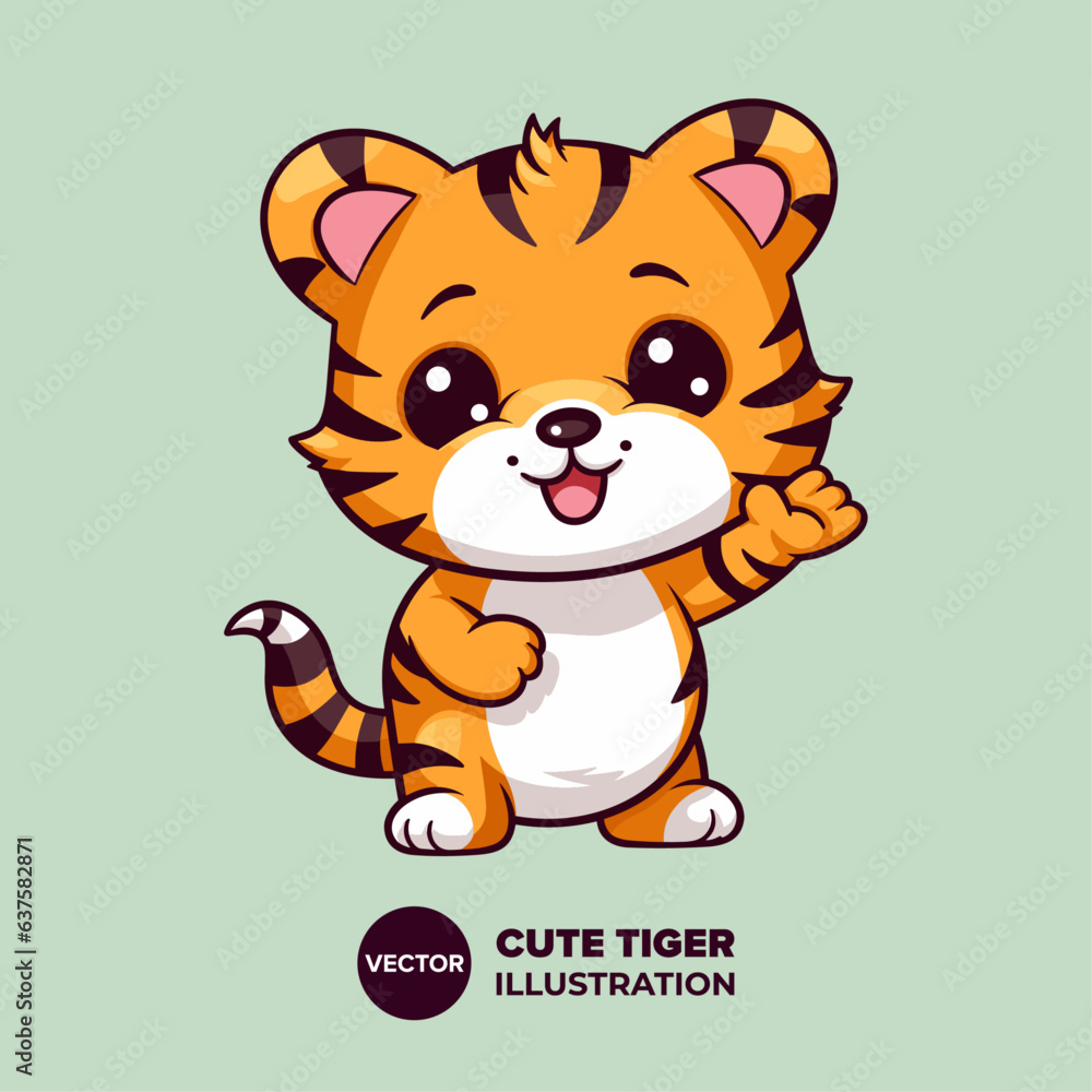 Charming Tiger Waves Hello: Icon Illustration Vector in Flat Cartoon Style, Perfect for Poster, Card, Decoration, and Print Charming Tiger Waves Hello: Icon Illustration Vector in Flat Cartoon Style, Perfect for Poster, Card, Decoration, and Print