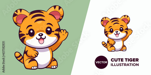 Charming Waving Tiger Icon: Vector Illustration in Cute Flat Cartoon Style, Ideal for Poster, Card, Decoration, and Print