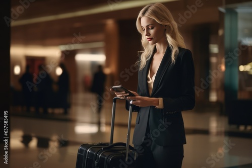Businesswoman with luggage in modern hotel lobby using smartphone