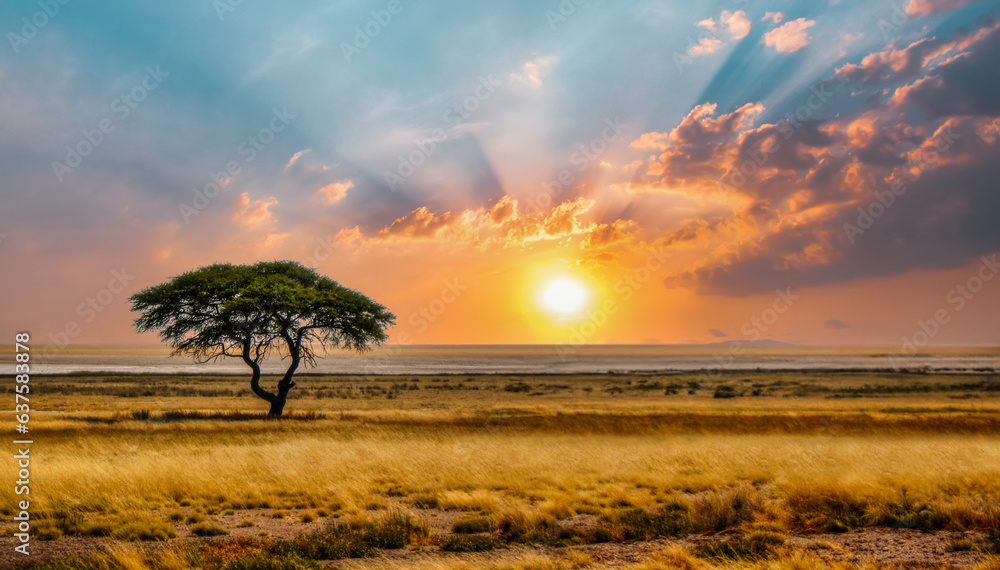 single acacia tree in the savannah at sunset, solitude in the wild, dry grass in the foreground - obrazy, fototapety, plakaty 