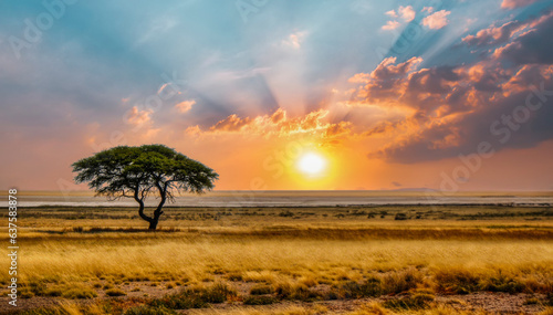 single acacia tree in the savannah at sunset, solitude in the wild, dry grass in the foreground photo