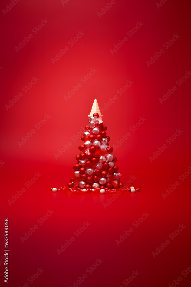 Christmas tree with ribbon on the red background. Holiday concept art Christmas tree with ribbon on the red background. Holiday concept art