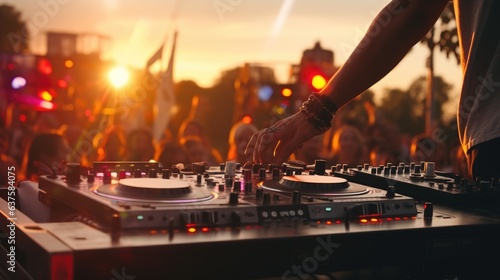 Photo DJ Hands creating and regulating music on dj console mixer in concert outdoor