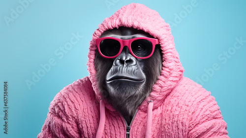 Portrait of a funny animal with sunglasses and a fashionable jacket on a blue pastel background. Abstract animal concept © Emir
