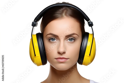 girl in yellow headphones protecting hearing on a white background