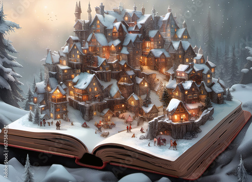 a winter fairy story coming to life on the pages of a magical open book with a snow covered town illuminated at night