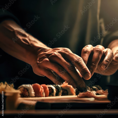 Illustration. The hand of an experienced Japanese chef is making sushi arranged on a plate. Ready to serve.Generative AI