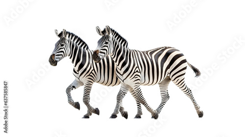 two Zebras running together  side view in a Wildlife-themed  photorealistic illustration in a PNG  cutout  and isolated. Generative AI