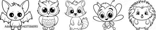 Nocturnal animals friendly cartoon characters collection. Bat, owl, raccoon, firefly and hedgehog animal friends. Black outline coloring book vector illustrations.