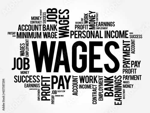 Wages - payment made by an employer to an employee for work done in a specific period of time, word cloud concept background