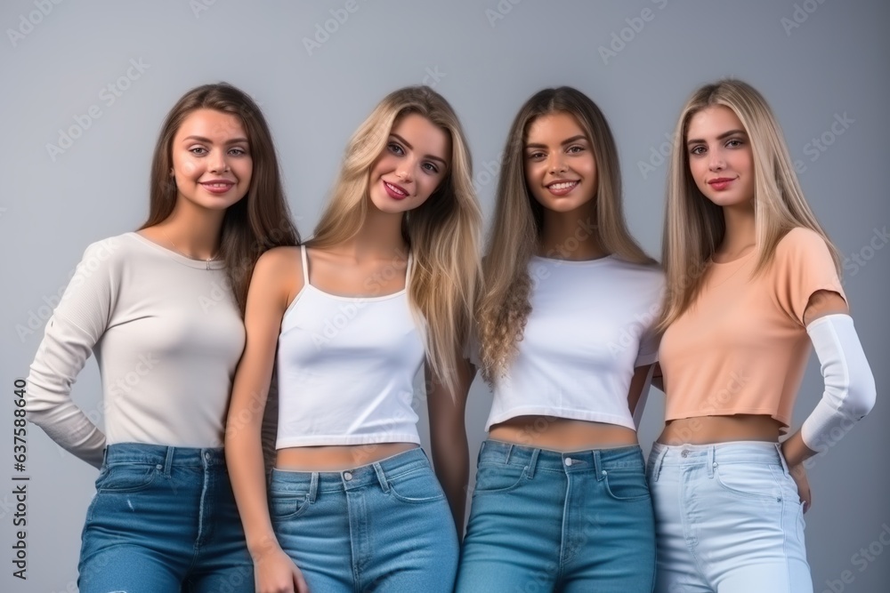 A group of beautiful girls posing in t-shirts and jeans laughing. A group of beautiful girls posing in t-shirts and jeans laughing.