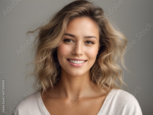 A captivating portrait capturing the radiant beauty of a young woman who looks directly into the camera with a genuine and happy expression.