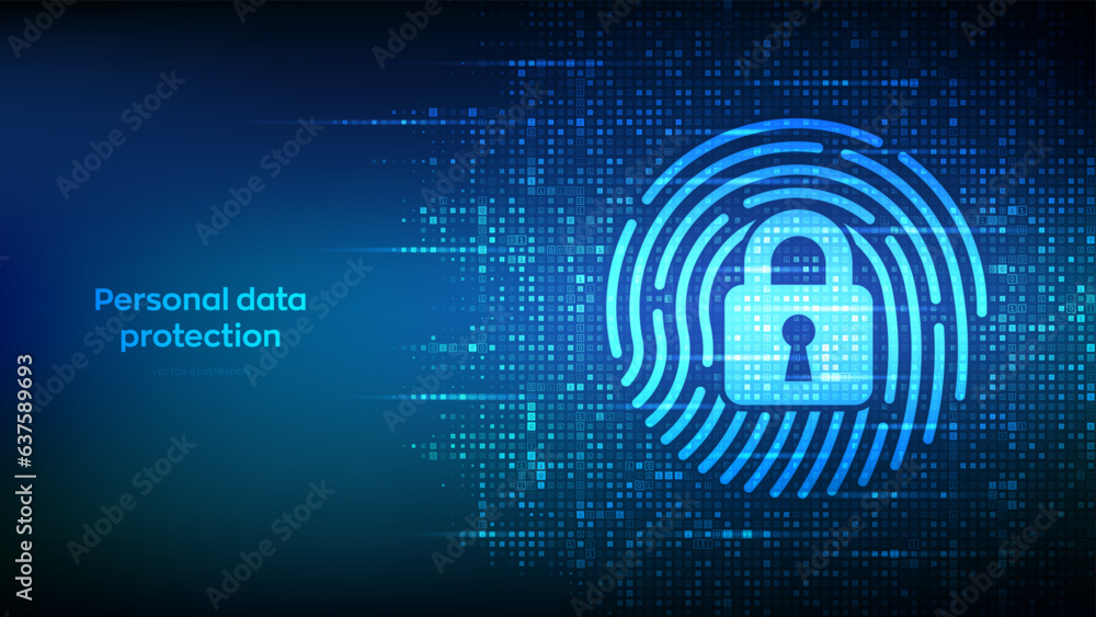 Fingerprint with padlock icon made with binary code. Personal Data ...