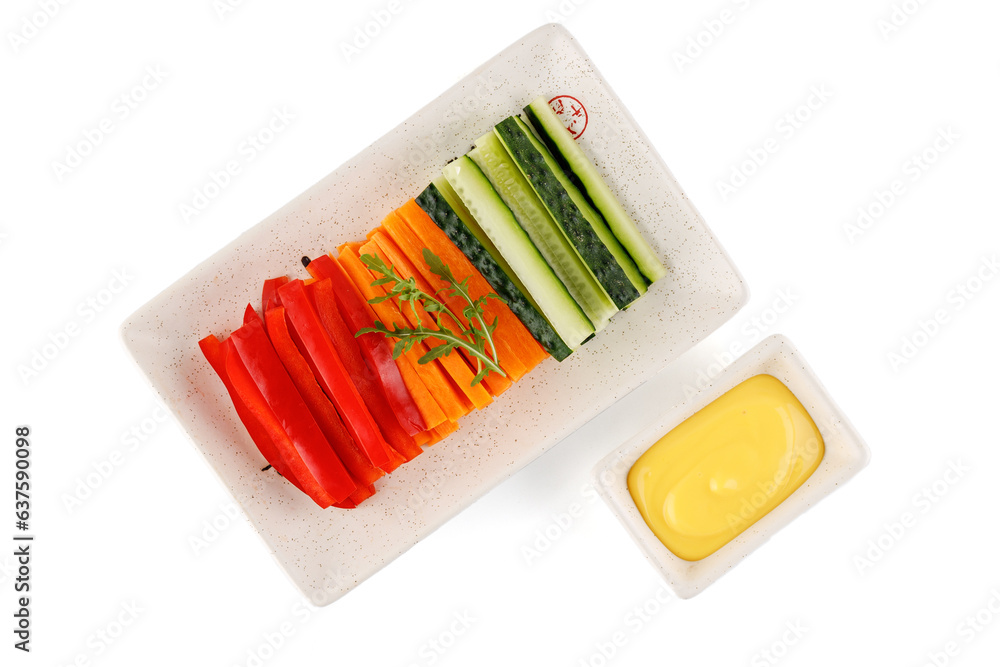 sliced vegetables on a plate and sauce on a white background sliced vegetables on a plate and sauce on a white background