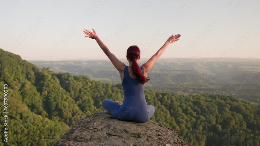 Yoga Workout of Female Athlete. Young Healthy Woman Doing Yoga in the Mountains During Sunrise. Wellbeing and Healthy Lifestyle, Zen Concept. Slow Motion. Yoga Workout of Female Athlete. Young Healthy Woman Doing Yoga in the Mountains During Sunrise. Wellbeing and Healthy Lifestyle, Zen Concept. Slow Motion.